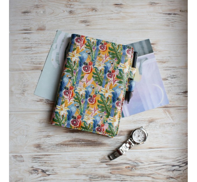 Leather tropical print notebook cover A5