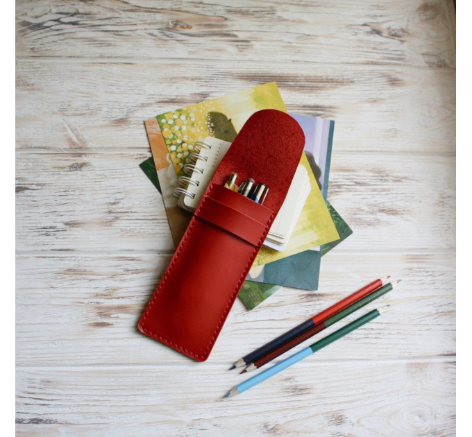 Red leather flat pencil holder
