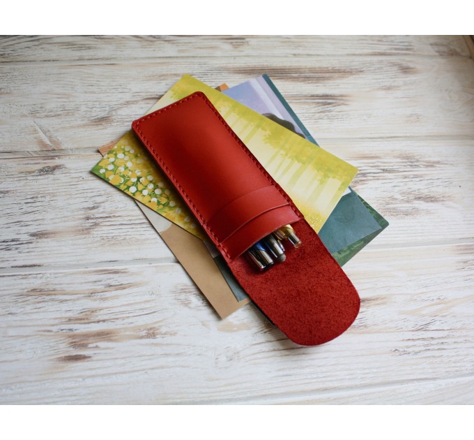 Red leather flat pencil holder