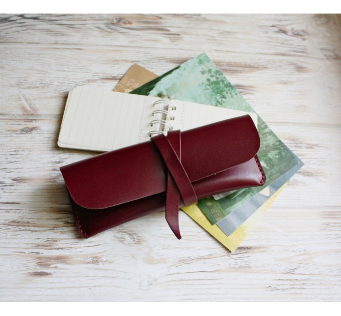Minimalist burgundy leather wrap pencil pouch