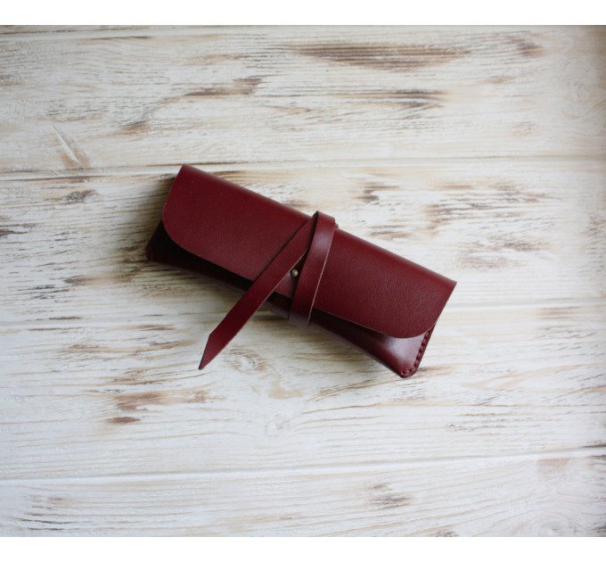 Minimalist burgundy leather wrap pencil pouch