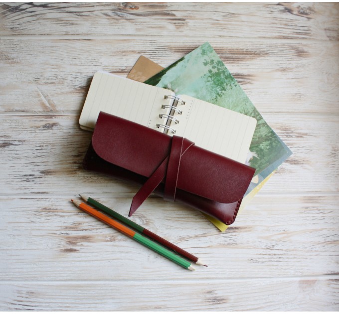 Minimalist burgundy leather wrap pencil pouch