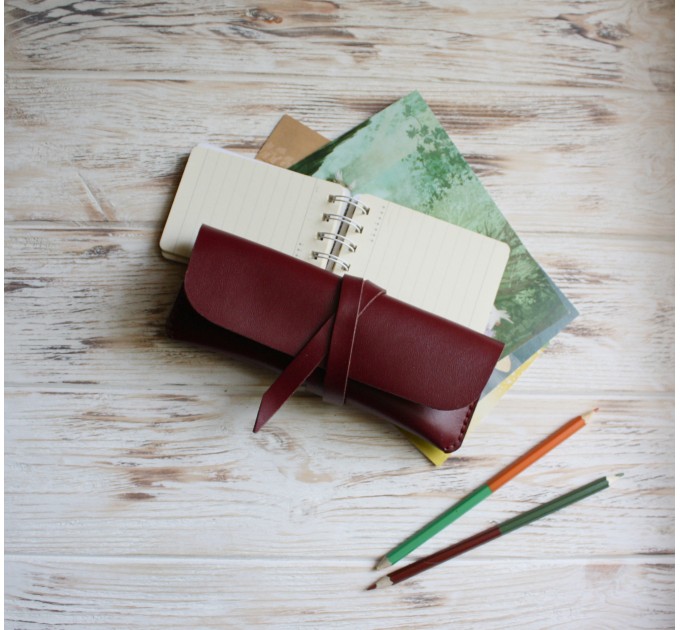 Minimalist burgundy leather wrap pencil pouch