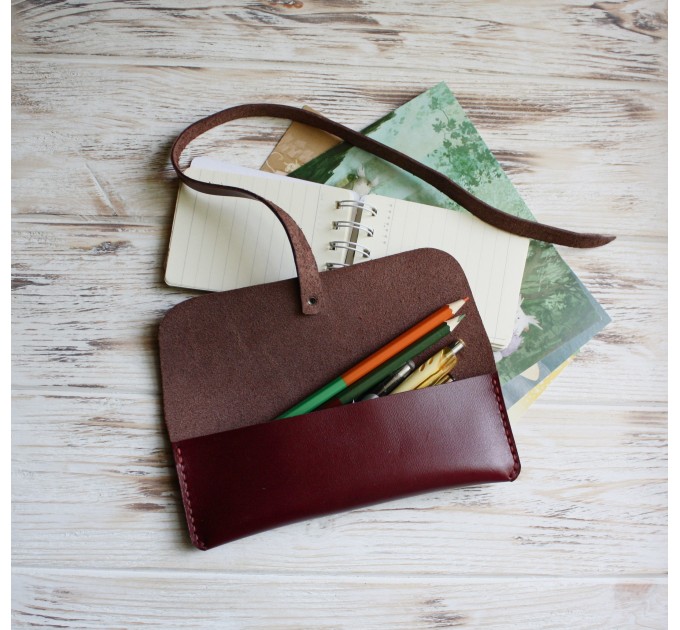 Minimalist burgundy leather wrap pencil pouch